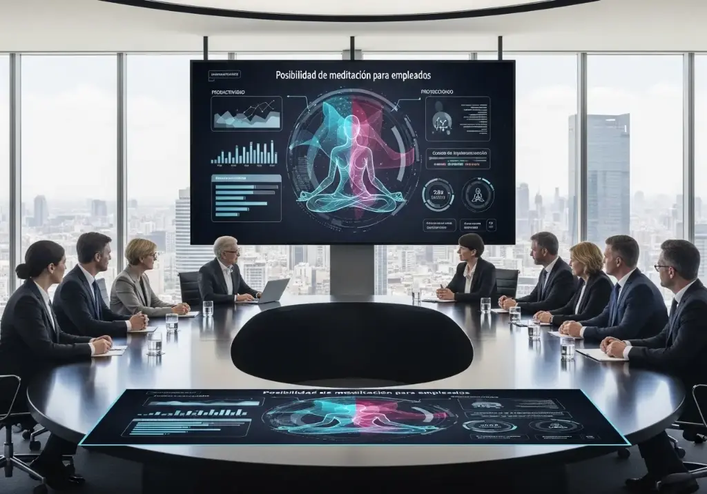 Equipo directivo reunido para valorar la meditaci´n en la empresa